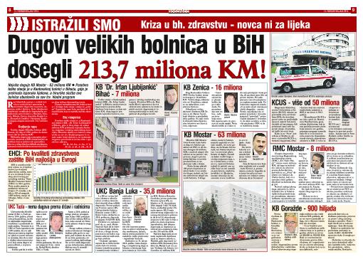 Dugovi velikih bolnica u BiH dosegli 213,7 miliona KM!